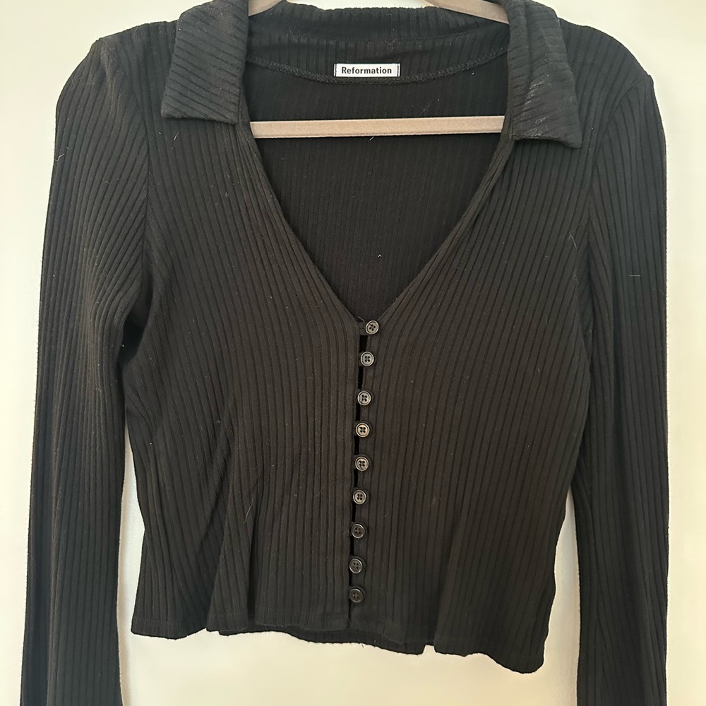 Reformation Black Ribbed Button-Up Top